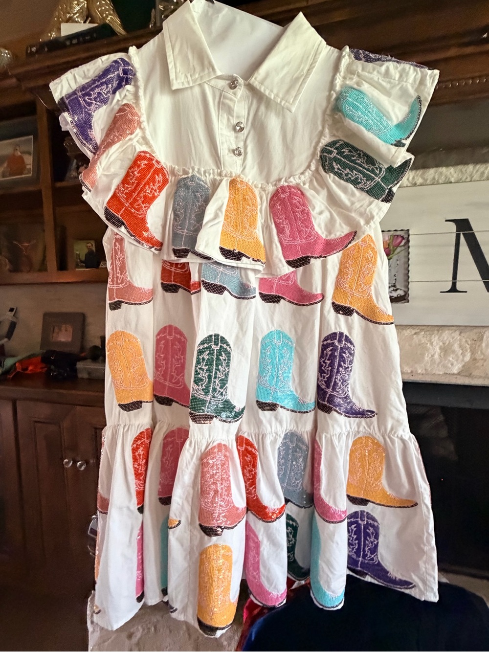 QUEEN OF SPARKLES White Mini Dress with Multicolor Cowboy Boot Print